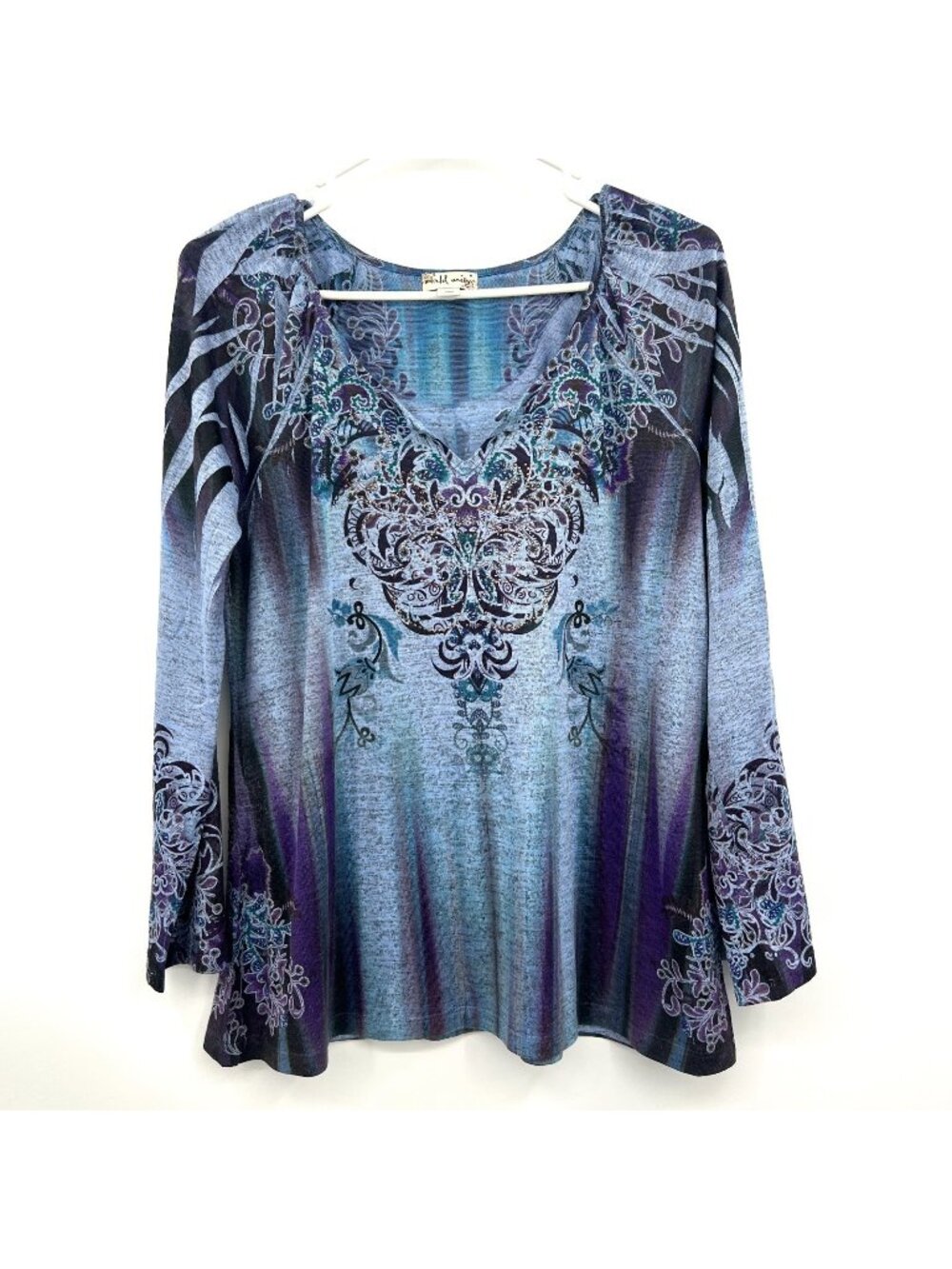 New World Unity Embellished Blue Purple Long Sleeve Top Women's Medium